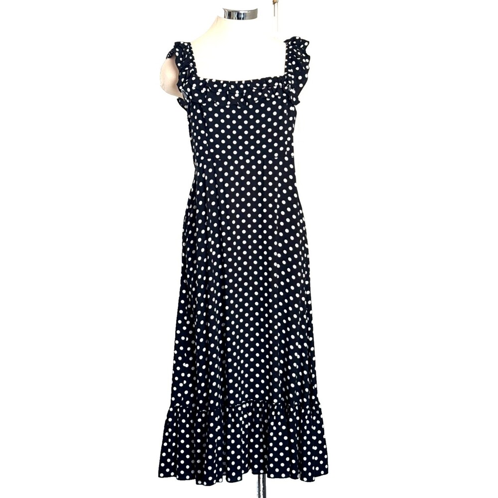 KATE SPADE L Polka Dot Dot Black White Ruffle Resort Vacation Cruise Midi Dress